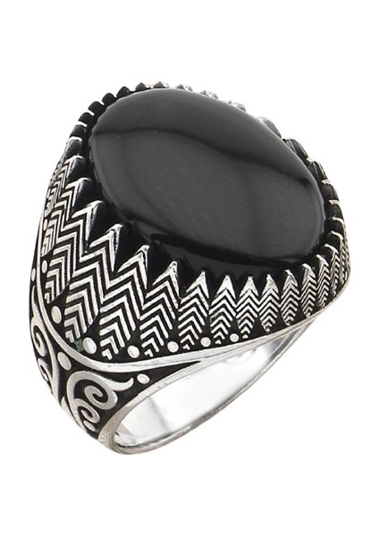 Erkek Yüzük Gümüş 925 Desenli Motifli Oniks Taşlı