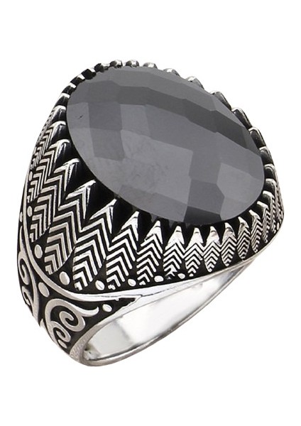 Erkek Yüzük Gümüş 925 Desenli Motifli Zirkon Taşlı