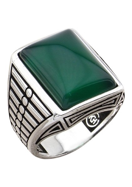 Erkek Yüzük Gümüş 925 Düz Çizgili Akik Taşlı