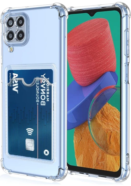 Case World Caseworld Samsung Galaxy M22 Kapak Kamera Korumalı Kartlıklı Darbe Emici Özellikli Şeffaf Silikon Kılıf