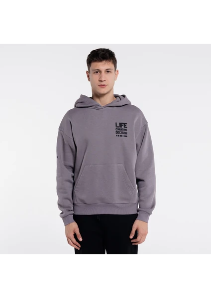 Friday Offset Sydney Erkek Gri Ekstra Oversize Kapüşonlu Sweatshirt Hoodie - Şardonlu 3 Iplik