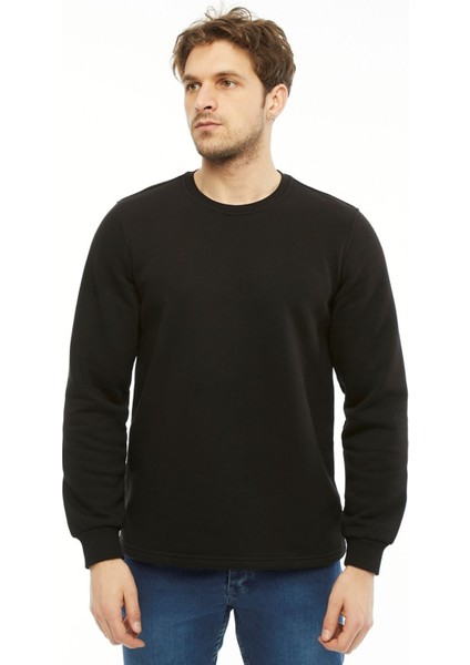 Sweatshirt Bisiklet Yaka Içi Polarlı 3 İplik Pamuklu Normal Kesim Erkek Siyah
