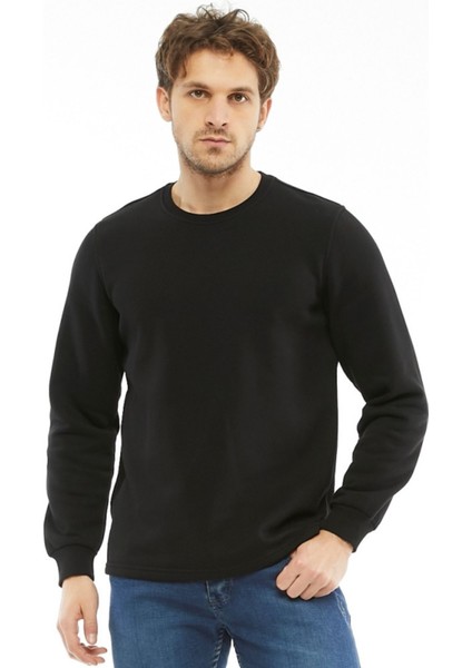Sweatshirt Bisiklet Yaka Içi Polarlı 3 İplik Pamuklu Normal Kesim Erkek Siyah indirimleri