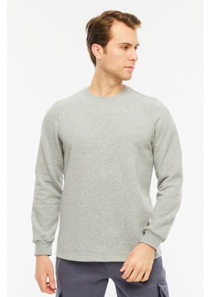 Sweatshirt Bisiklet Yaka Içi Polarlı 3 İplik Pamuklu Normal Kesim Erkek Gri