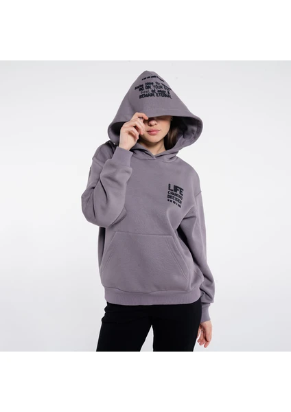 Friday Offset Sydney Kadın Gri Ekstra Oversize Kapüşonlu Sweatshirt Hoodie - Şardonlu 3 Iplik