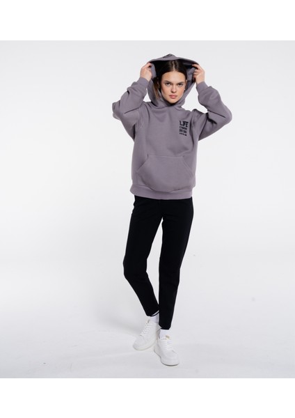 Friday Offset Sydney Kadın Gri Ekstra Oversize Kapüşonlu Sweatshirt Hoodie - Şardonlu 3 Iplik