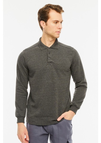 Sweatshirt Polo Yaka Içi Polarlı 3 İplik Pamuklu Normal Kesim Erkek Antrasit
