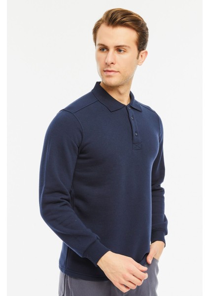 Sweatshirt Polo Yaka Içi Polarlı 3 İplik Pamuklu Normal Kesim Erkek Lacivert indirimleri