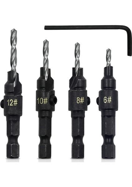 Type1 4 Adet Tarzı Havşa Matkap Ucu Seti Ahşap Araçları Ağaç Işleme Matkap Ucu Pilot Delikler Altıgen Şaft Vida Boyutu #5 #6 #8 #10 #12 Anahtar ile (Yurt Dışından) indirimleri