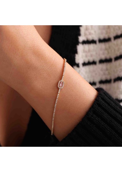 Su Yolu Altın Baget Bileklik Pink Topaz