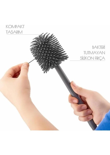 Silikon Uçlu Tuvalet Fırçası Seti - Wc ve Klozet Temizleme Fırçası - Kare Gri