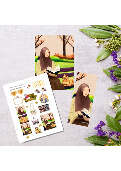 Hijap Girl Temalı Kitap Ayracı,kartpostal ve Sticker 3'lü Set 23 adet etiket çıkartma