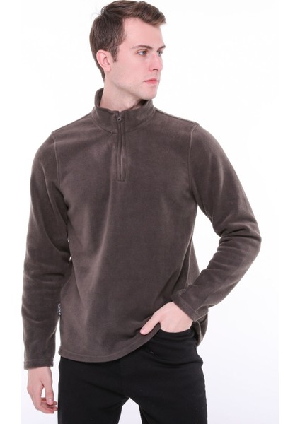 Erkek Normal Kesim Dik Yaka Yarım Fermuarlı Polar Sweatshirt Füme