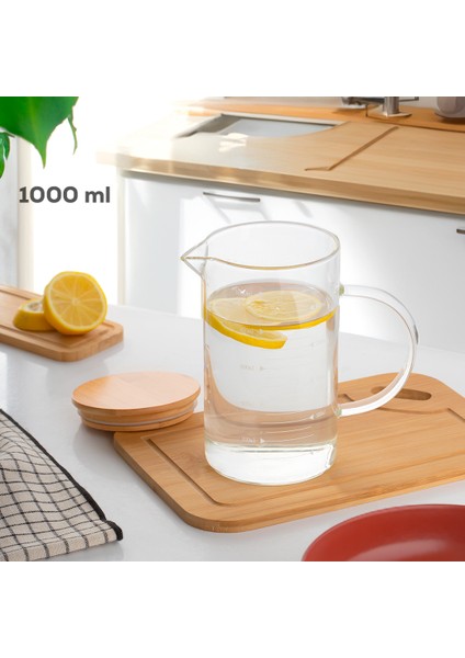 401165 Bambu Kapaklı Borosilikat Dereceli Cam Sürahi Ölçü Kabı Beher Glass 1000 ml Kapasiteli