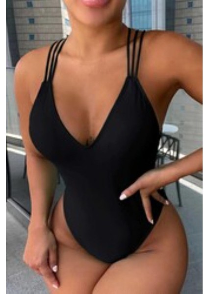 Çapraz Detaylı Sırt Dekolteli Mayo Siyah