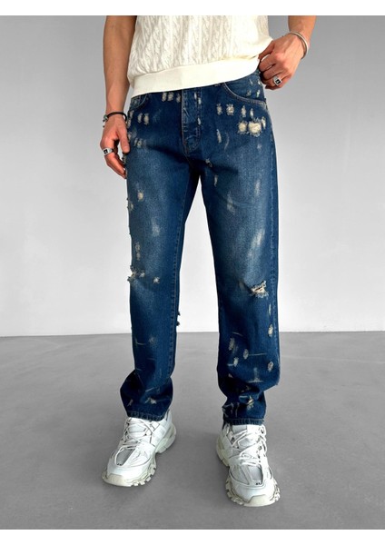 Abluka Online Baggy Fit Distressed Jean Pantolon Lacivert