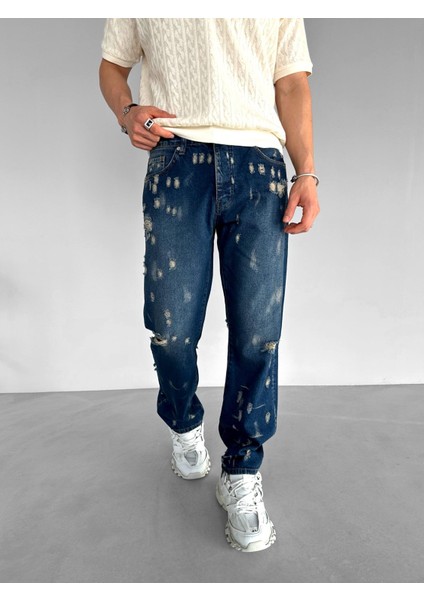 Abluka Online Baggy Fit Distressed Jean Pantolon Lacivert