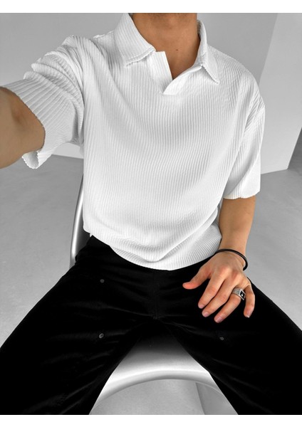 Oversize Polo Yaka Basic Fitilli T-Shirt Ekru modelleri