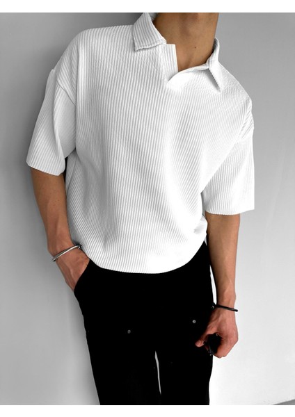Oversize Polo Yaka Basic Fitilli T-Shirt Ekru indirimleri