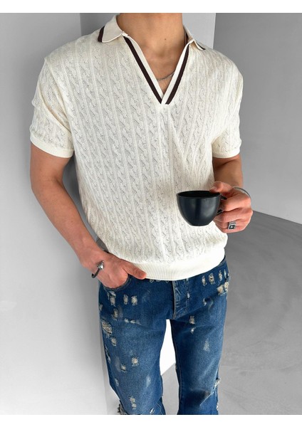 Yarım Pat Gömlek Yaka Desenli Triko T-Shirt Krem Kahve fiyatları