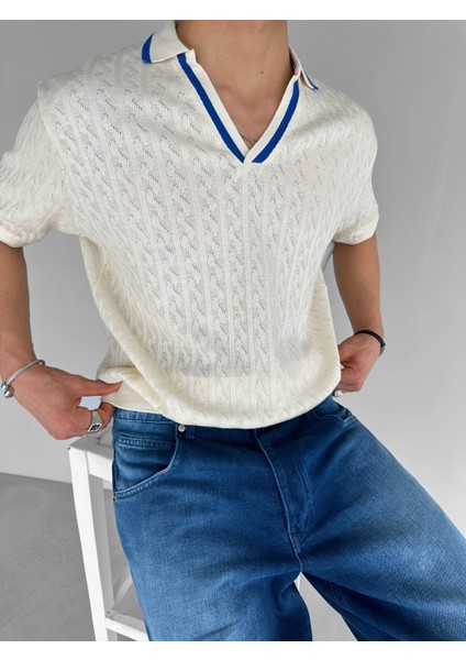 Yarım Pat Gömlek Yaka Desenli Triko T-Shirt Krem Mavi