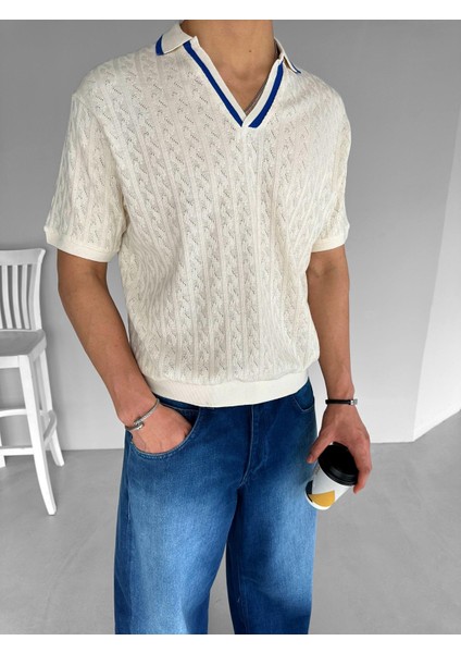 Yarım Pat Gömlek Yaka Desenli Triko T-Shirt Krem Mavi