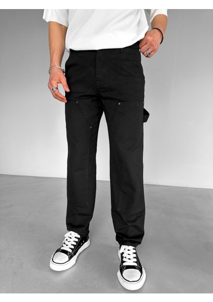Blok Yama Detaylı Slim Fit Pantolon Siyah