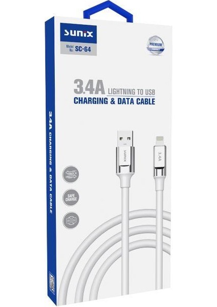 3.4A Lightning Şarj ve Data Kablosu Beyaz Sc-64