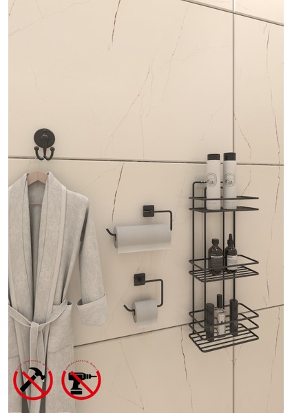 Yapışkanlı Siyah 3 Katlı Düz Banyo Rafı TŞ03, Kare Solo Havluluk, Kare Tuvalet Kağıtlığı, Lotus Bornoz Askılık Banyo Seti