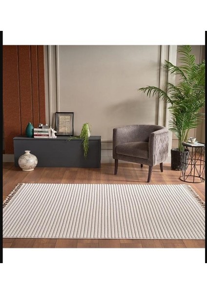 Gümüşsuyudeco Alvin 12612 160X230 Yeni Yüksek Kalite Modern Kabartmalı Örgü Saçaklı Krem Salon Halısı
