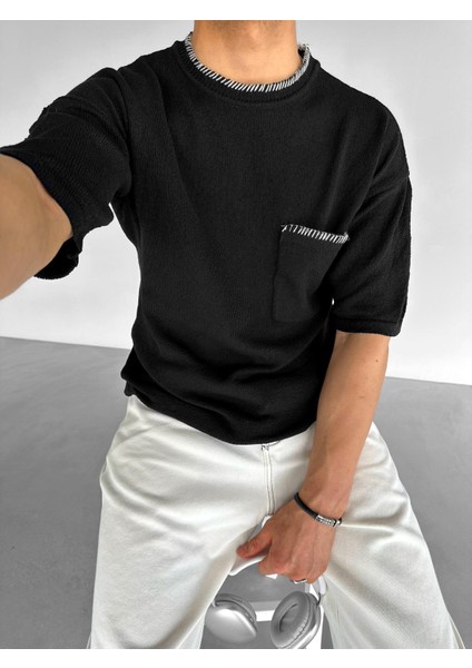 Oversize Önü Cepli Örme T-Shirt Siyah