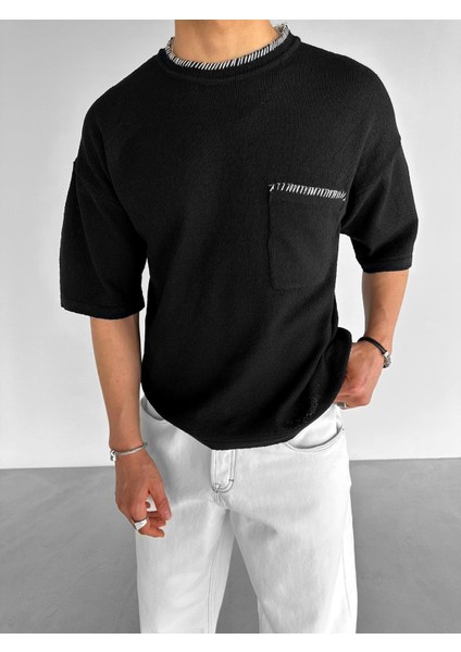 Oversize Önü Cepli Örme T-Shirt Siyah modelleri
