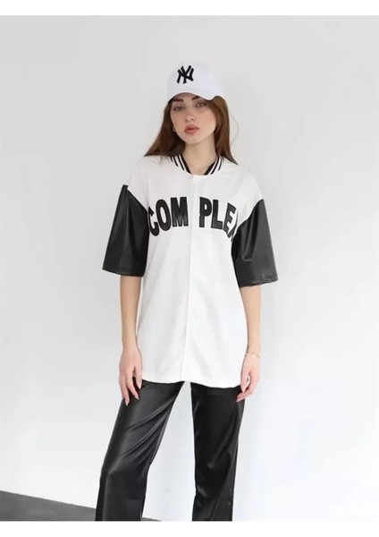 Complex Kolları Deri Kolej Oversize T-Shirt - Beyaz