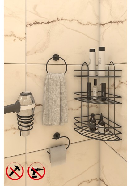 Siyah Yapışkanlı 3 Katlı Banyo Köşe Rafı EK03, Kare Fön Makinesi Askısı, Lotus Halka Havluluk, Açık Kağıtlık Banyo Seti