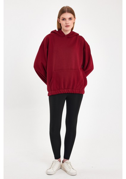 Bordo Hoodie, Oversize Hoodie, Kadın Hoodie, Kanguru Cepli Hoodie, Lastikli Hoodie