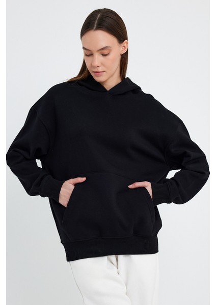 Siyah Hoodie, Oversize Hoodie, Kadın Hoodie, Kanguru Cepli Kapüşonlu fırsatları