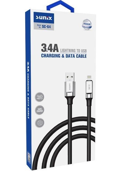 3.4A Lightning Şarj ve Data Kablosu Siyah Sc-64