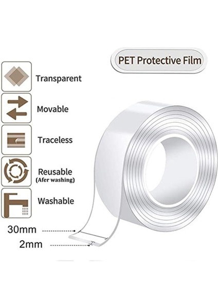 Nano Teknoloji Çift Taraflı Şeffaf Süper Güçlü Su Geçirmez Yıkanabilir Bant 1.8 Cmx3 Metre (2 Adet)