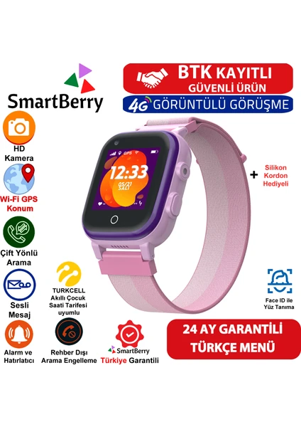 Z40 Görüntülü Görüşme Yüz Tanıma Gps Wıfı Konum Akıllı Çocuk Takip Saati Sim Kartlı - Pembe Mor