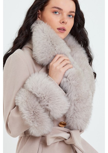 Krem Kadın Kaşe Kaban Yaka ve Manşet Kürk Mdl1 indirimleri