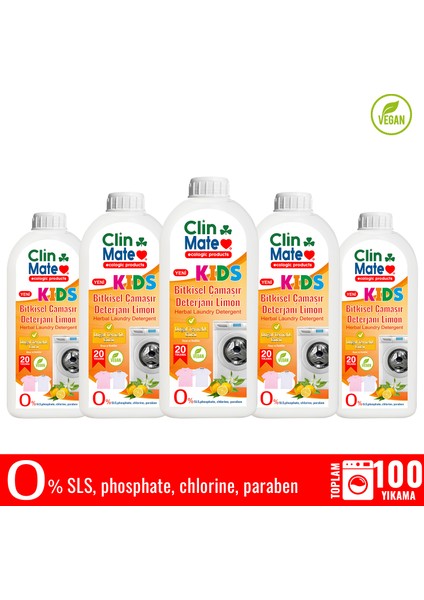 5'li Set Yeni Clinmate Ekolojik Kids Bitkisel Çocuk Deterjanı Limon 750 ml 100 Yıkama