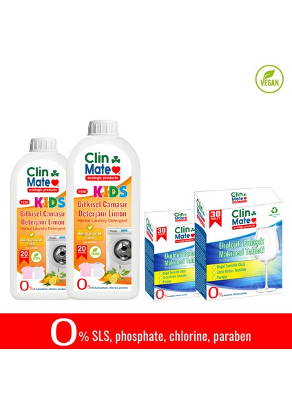 4'lüset Kids Bitkisel Çocuk Deterjanı Limon 750 ml 2 Adet + Ekolojik Bulaşık Tableti 2 Adet