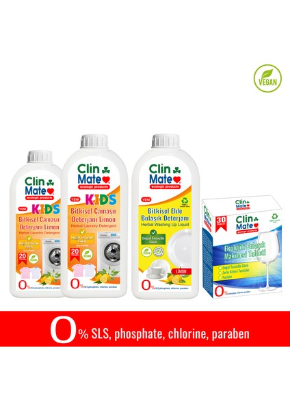 4'lüset Kids Bitkisel Çocuk Deterjanı Limon 750 ml 2 Adet +Elde Bulaşık Limon 750 ml + Bulaşık Tableti