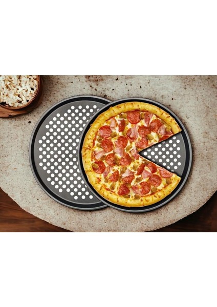 Pizza Pişirme Tepsisi 31 cm Yanmaz ve Yapışmaz Pizza Pan Oval Delikli Fırın Tepsisi