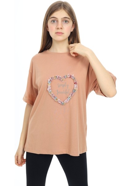 Kız Çocuk Tasarım Kalp Desenli T-Shirt 9-14 Yaş LX036
