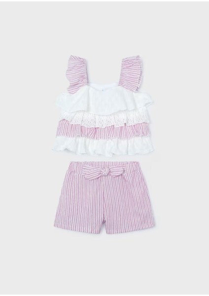 Kız Çocuk 2 Parça Çizgili ve Fırfırlı Şort Takım Pembe