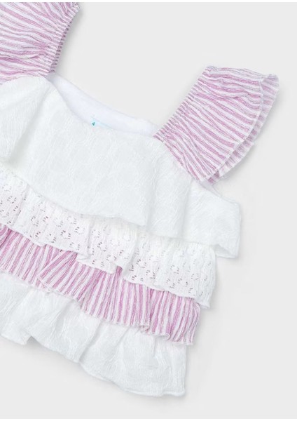 Kız Çocuk 2 Parça Çizgili ve Fırfırlı Şort Takım Pembe modelleri