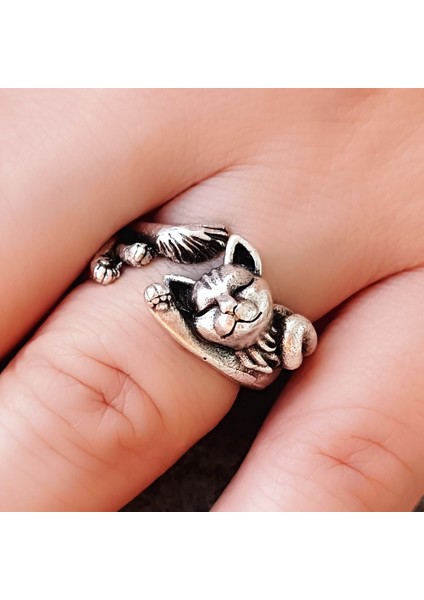 Süpermen Uçan Kedi Şekilli Kadın Yüzük Gümüş Kaplama Ayarlanabilir El Yapımı Yüzük