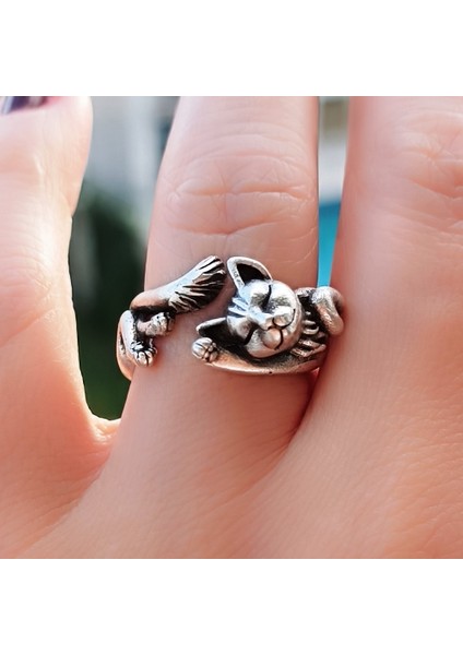 Süpermen Uçan Kedi Şekilli Kadın Yüzük Gümüş Kaplama Ayarlanabilir El Yapımı Yüzük fırsatları