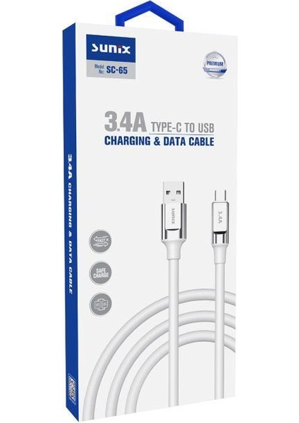 3.4A Type-C Şarj ve Data Kablosu Beyaz Sc-65